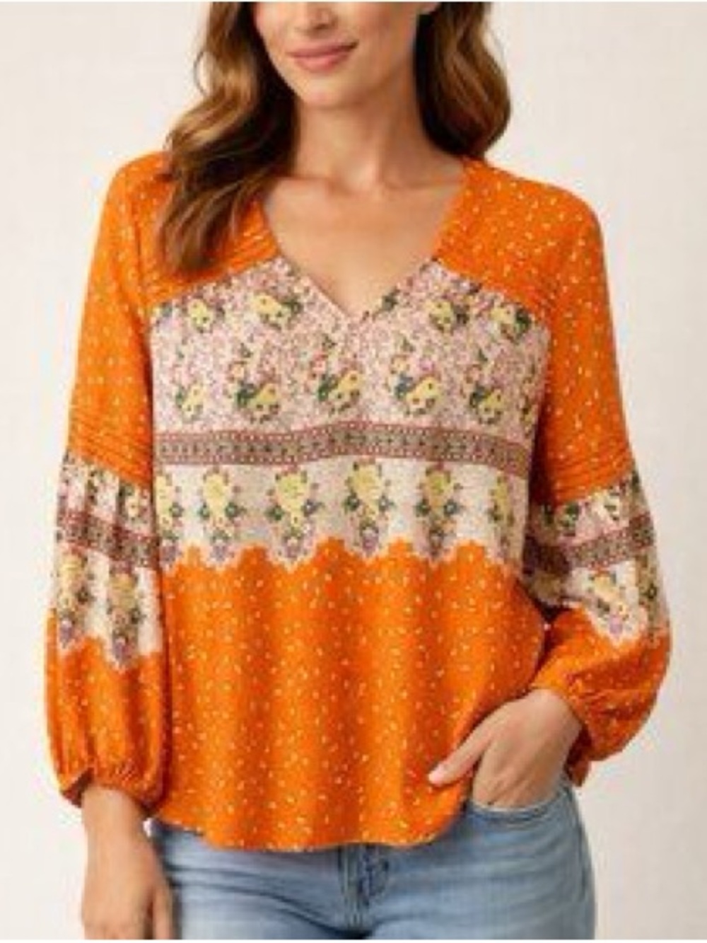 Maeve Orange Floral-Panel Boho Peasant Blouse